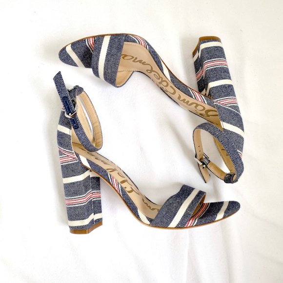 WOMEN'S SAM EDELMAN "YARO" SHOES CHUNKY HEEL DENIM SZ: 6.5 NAVY STRIPED - Picture 1 of 10